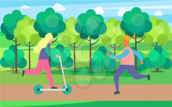Vector illustration of women riding kick scooter and man on skate rollers. Background of image is summertime park with tall trees and green grass