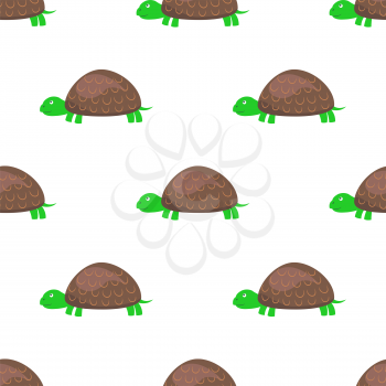 Cartoon turtle seamless pattern on white background. Tortoise with green paws endless texture. Vector illustration of wildlife reptile character, wallpaper wrapping paper design repeatable structure