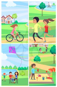 Children and adults spending free time actively in public park poster of four images. People running, riding bike, flying kite, playing in sandbox