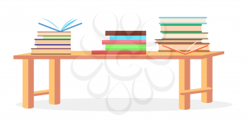 Three heaps of literature with open and closed books lying on table vector illustration on white background graphic design.
