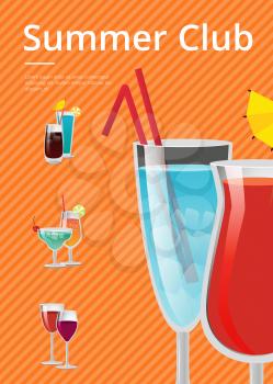 Summer club advertising poster with icons of alcoholic drinks in festive decorated glasses. Vector illustration with beverages on bright orange background