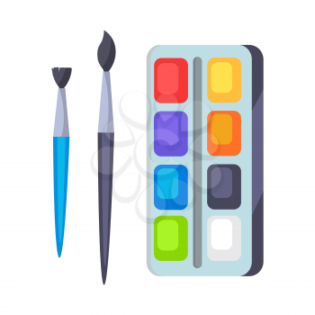 Palette with paints and two brushes of different shapes vector illustration isolated on white background. Art drawing tools in flat design
