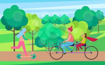 Mother and young daughter riding tandem bicycle and girl on scooter moving towards them vector illustration in city park on background of green trees