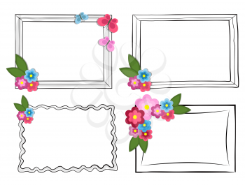 Black and white photo frames with colorful flowers and beautiful batterflies isolated on white background. Simple square and elegant wavy frames set. Decorative frameworks vector illustrations.