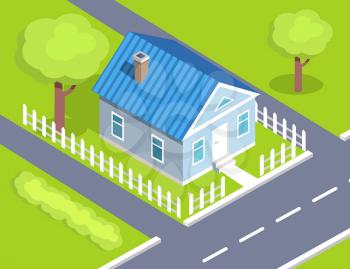 Cottage two storey house side view surrounded by road from both sides with fence, countryside building isometric vector illustration with green trees