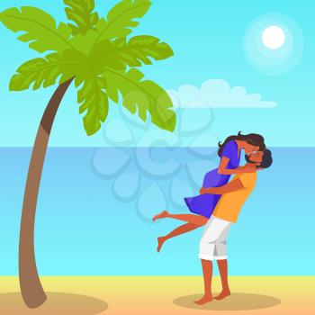 Man with beard in shorts lifts his girlfriend in purple dress and kisses on the seaside under palm tree vector illustration on background of sea and sky.
