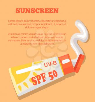 Sunscreen poster with inscription. Vector illustration depicting sunblock lotion with its contents against light orange background