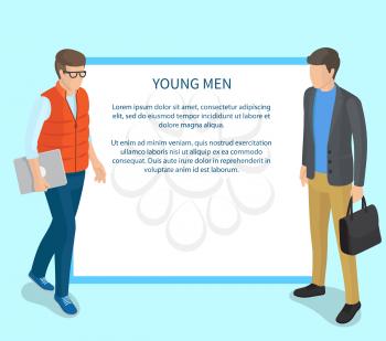 Young men wearing casual clothing isolated vector illustration. Cartoon style guys carrying grey laptop and black bag with inscription between them