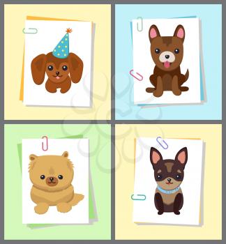 Puppies and dogs poster set, collection of pets pictures, creatures of different breeds and colors, in cap and bows, isolated on vector illustration. Dog on a piece of paper clamped with a paper clip