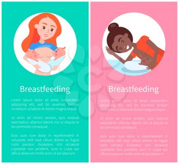 Breastfeeding banners set with mothers lying and feeding newborn babies isolated cartoon flat vector illustration and sample text on color backgrounds