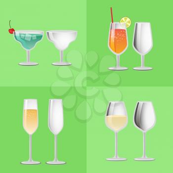 Set of refreshing cocktails and empty glasses, margarita decorated by cherry, vodka with orange juice, champagne and white wine vector drinks set