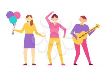 People having fun on birthday party. Woman with balloons in hands, man merrily dancing at disco and guy playing on guitar at birthday fest vector isolated