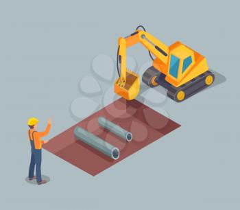 Bulldozer and worker, wearing yellow helmet, poster with bulldozer and worker, working tasks and building, banner vector illustration isolated on grey