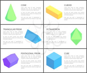 Triangular and pentagonal prisms, geometric set, vector illustration, cone and cuboid, cube and octahedron, geometric objects collection, text sample