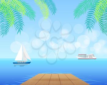 Spectacular seascape with white cruise liner and blue sailboat on calm water, palm leaves and part of wooden pier vector illustration.