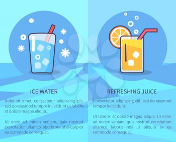 Vector illustration of circle icons depicting ice water and refreshing juice against light blue background. Set of posters with inscriptions.