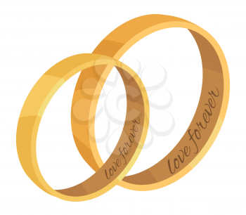 Pair of golden wedding rings with love forever memorial inscriptions icon. Man and woman bridal rings from precious metal isolated illustration