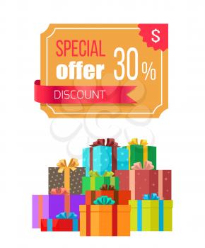 Special offer 30 off discount emblem with ribbon and piles of gift boxes in color wrapping paper isolated on white background vector illustration
