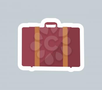 Cute case colorful banner with white outline, vector illustration of brown suitcase with two dark yellow lines and one handle, isolated on grey field