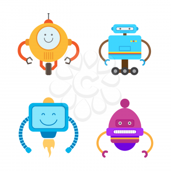 Robots collection types set with robotic creatures robots with antenna and hands, wheels and emotions vector illustration isolated on white background
