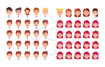 Man and woman emotions set constructor of emotions male and femaly smiling and feeling sad, sleepy and surprised faces, isolated on vector illustration