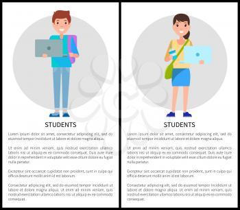 Students education poster with place for text, woman and man with notebook in hands, vector illustration banner advert education via internet, people computer