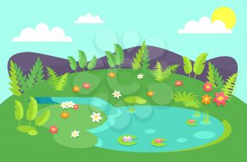 Pond with tropical bushes and green leaves, flowers of different color, water lilies on background of hills or stones, blue sky with clouds and sky