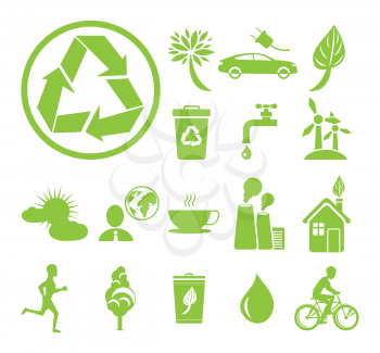 Green ecology themed signs vector illustrations set. Big recycling symbol, alternative energy, stop pollution and save water.