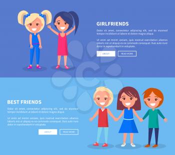 Best friends two girls and boys poster of active kids vector illustration banners set. Male and female happy infants holding hands with place for text