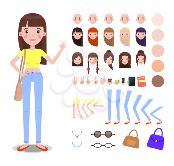 Girl constructor with body parts and accessories. Female character with fashionable hairstyles, modern devices and supplies vector illustrations.