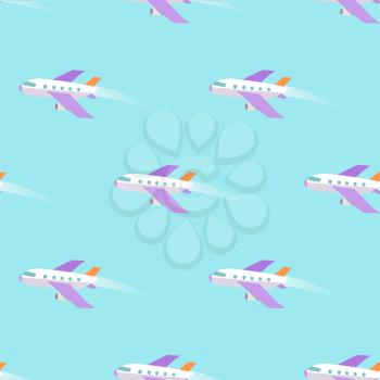 Airplane flying in the sky seamless pattern on blue background. Plane air means of transport endless texture, wallpaper design