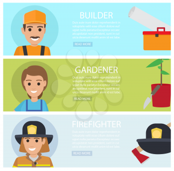 People professions web banners set. Builder, gardener and firefighter cartoon characters with instrument or implement flat vector. People occupations horizontal illustrations for job vacancy web page