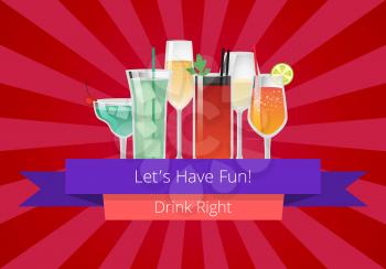 Lets have fun drink right manual web page design with decorated glasses with alcoholic cocktails. Vector illustration on red background with rays