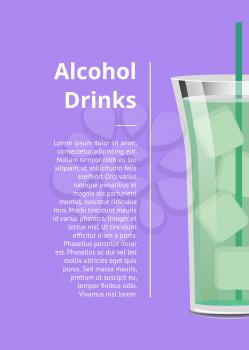 Alcohol drinks advertisement poster design with alcoholic beverage straw inside, vector illustration isolated on purple background with place for text