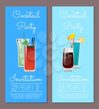 Cocktail party invitation banner beverages in glasses vector date and time information with bloody mary, whiskey or vodka cola, blue lagoon and mojito