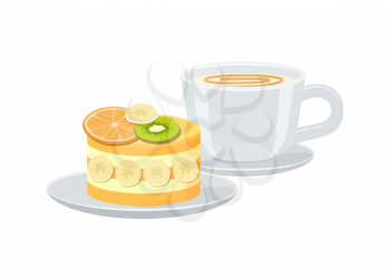 Bright banner with cup of espresso and tasty pie vector illustration with cute pastry, lot of varied fresh fruit on cake, small white bowl, two plates