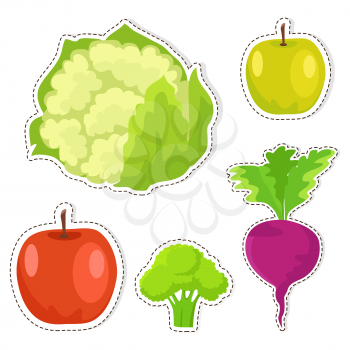 Fruits and vegetables stickers or icons set. Ripe apples, lush broccoli, fresh cauliflower and carrot with leaves flat vector isolated on white background. Vegetarian food illustrations collection