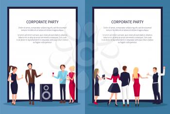 Corporate party, people at club, listening to music and dancing together, text and title above image on vector illustration isolated on white