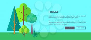 Forest vector web banner with many green trees and bushes growing outdoors on fresh air and some written information nearby vector illustration