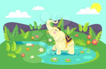 Beige elephant wearing asian traditional clothing stands in clean puddle surrounded by green grass and colorful flowers in sunny day vector poster