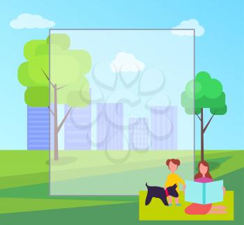 Mother and daughter with dog on background of skyscrapers in city park with frame for text. Adult woman sitting on green blanket with kid and puppy