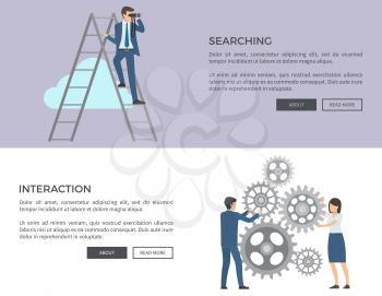 Searching and interaction, businessman on ladder with binoculars and people with gears, web page with text and buttons vector illustration