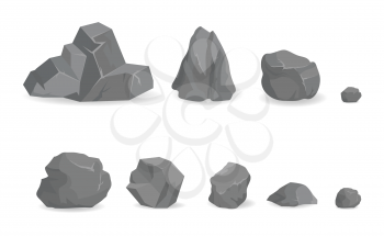Grey stone rocks collection of big and small gems vector illustration isolated on white. Heavy mountain rocks of different shape, natural elements