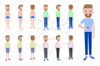 Male character constructor with spare outfits. Guy in swimming trunks and casual summer clothes. Man with cup of coffee vector illustrations set.