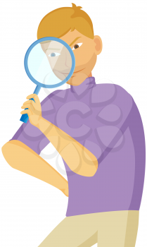 Gesture that boys see magnifying glass. Cunning guy holding loupe, planned something amiss. Young man standing holding magnifier, looking for something and watching isolated on white background