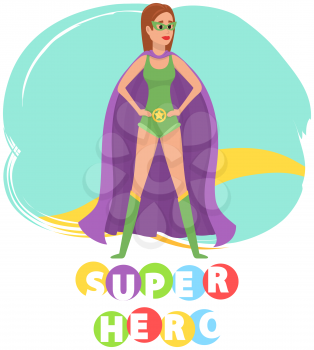 Superwoman smiling, waving hand and has superpowers. Cartoon character in superhero costume with cloak, mask and emblem stands on white background. Strong person protects people from villains