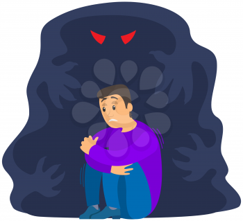 Fear of darkness concept. Man scared of spooky monster from nightmare. Person is afraid of ghost. Guy sits and shakes with fright next to monster, ghost in dark. Nightmare, fear of dark, phobia