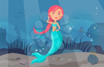 Sea adventure with marine wild nature, mermaid and fishes. Underwater life of sea creatures. Girl with fish tail and long hair smiles and swims in blue water. Cartoon nautical character lives in ocean