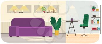 Room interior with colorful sofa, plants, table and chair for relaxing and podcasting. Room for interviewing interior design with furniture and decorations. Arrangement of furniture in studio