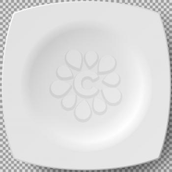 Empty white porcelain plate. Square plate for serving dishes. Cookware, china, crockery element isolated on transparent background. Dish for restaurant, empty utensil 3d dishware vector illustration